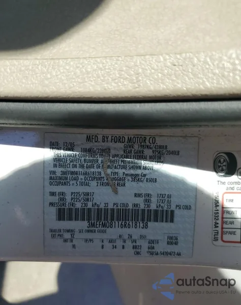 2006 Mercury Milan Premier из США, поврежденный, VIN 3MEFM08116R618138